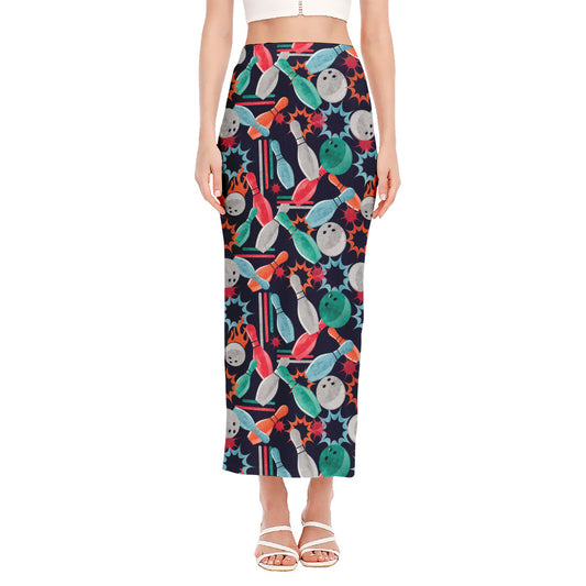 Watercolor Bowling Theme Pattern Print Side Slit Maxi Skirt