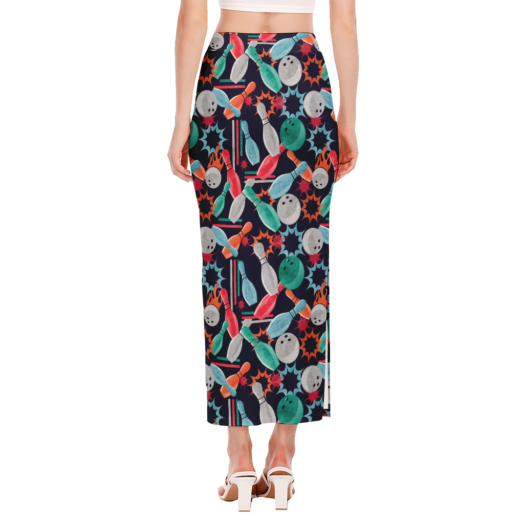 Watercolor Bowling Theme Pattern Print Side Slit Maxi Skirt