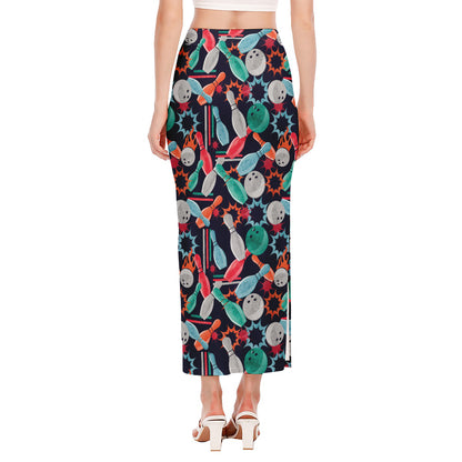 Watercolor Bowling Theme Pattern Print Side Slit Maxi Skirt