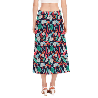 Watercolor Bowling Theme Pattern Print Side Slit Midi Skirt