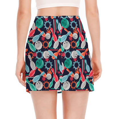 Watercolor Bowling Theme Pattern Print Side Slit Mini Skirt