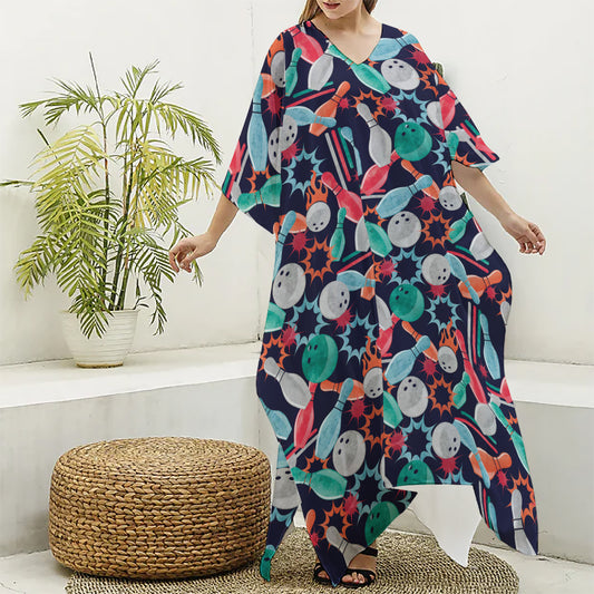 Watercolor Bowling Theme Pattern Print Silk V-Neck Kaftan Dress