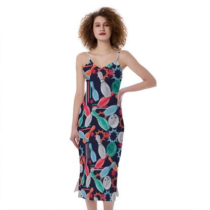 Watercolor Bowling Theme Pattern Print Slim Fit Midi Cami Dress