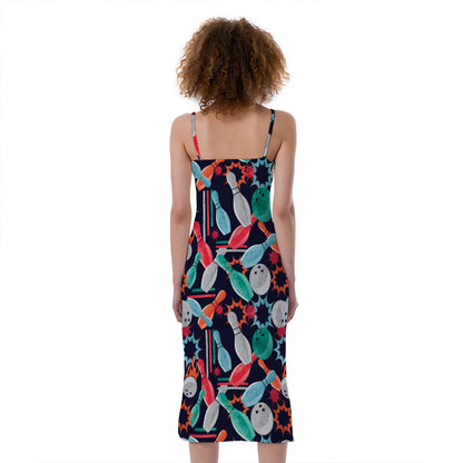 Watercolor Bowling Theme Pattern Print Slim Fit Midi Cami Dress