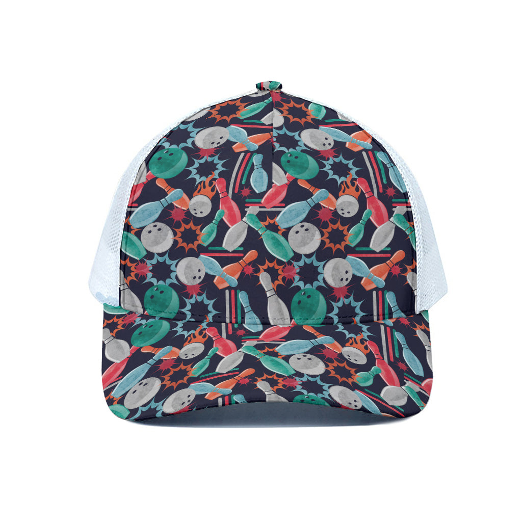 Watercolor Bowling Theme Pattern Print White Mesh Trucker Cap