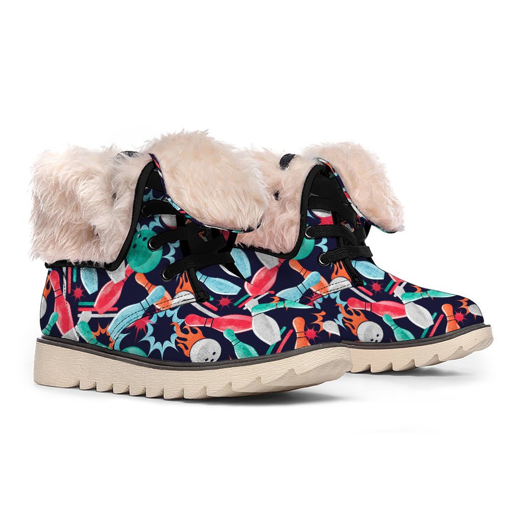Watercolor Bowling Theme Pattern Print Winter Boots