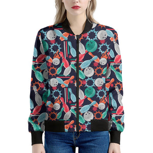 Watercolor Bowling Theme Pattern Print Women's Bomber Jacket