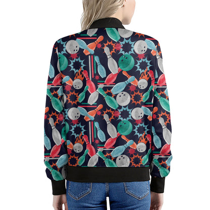 Watercolor Bowling Theme Pattern Print Women's Bomber Jacket