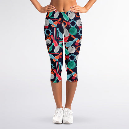 Watercolor Bowling Theme Pattern Print Women's Capri Leggings