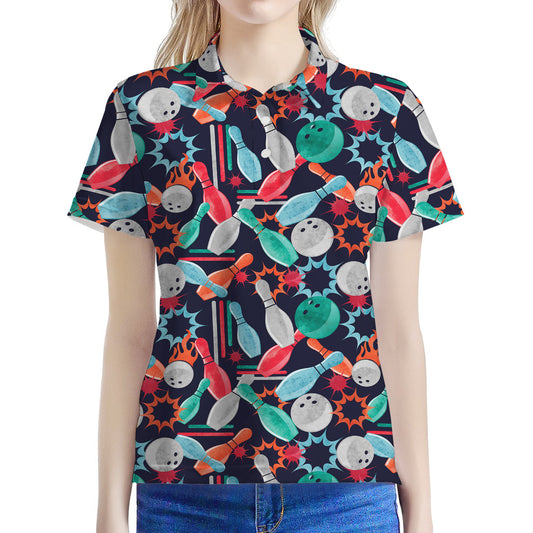 Watercolor Bowling Theme Pattern Print Women's Polo Shirt