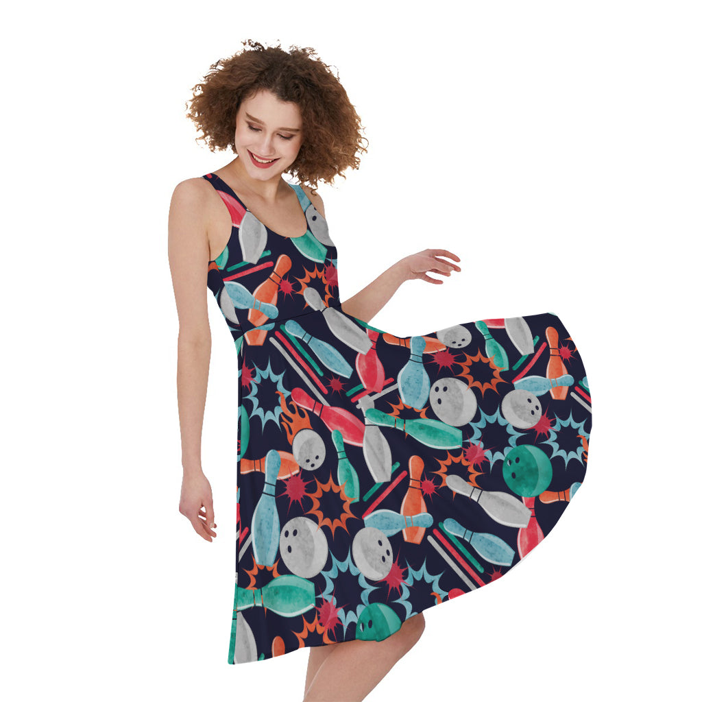 Watercolor Bowling Theme Pattern Print Women's Sleeveless Dress