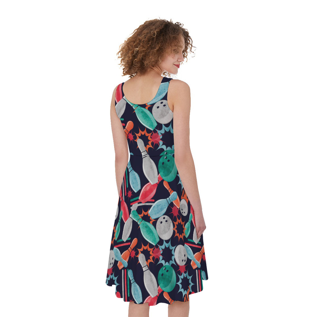 Watercolor Bowling Theme Pattern Print Women's Sleeveless Dress