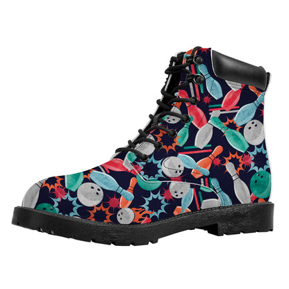 Watercolor Bowling Theme Pattern Print Work Boots