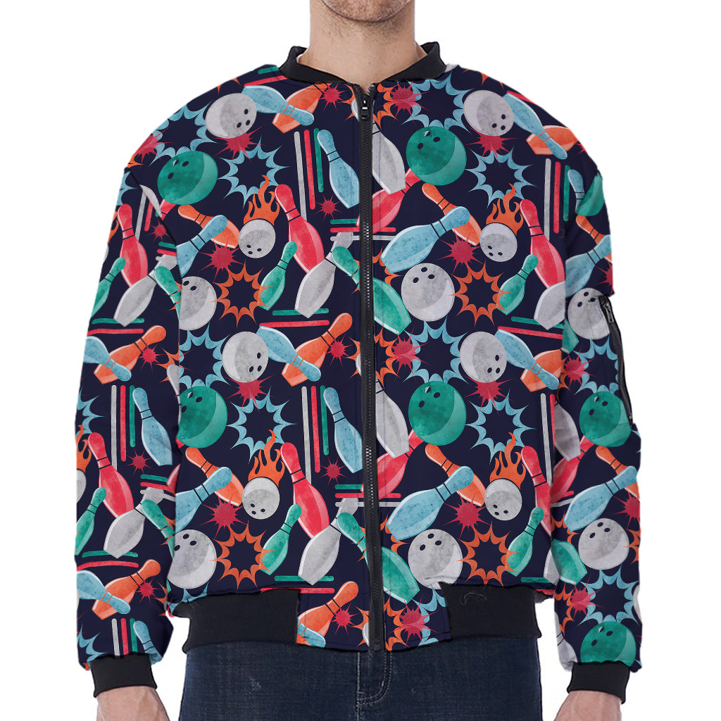 Watercolor Bowling Theme Pattern Print Zip Sleeve Bomber Jacket