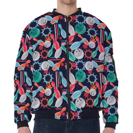 Watercolor Bowling Theme Pattern Print Zip Sleeve Bomber Jacket