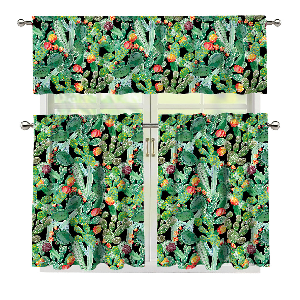 Watercolor Cactus Plant Print 3 Piece Kitchen Curtains