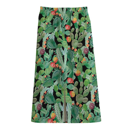 Watercolor Cactus Plant Print Cotton Front Slit Maxi Skirt