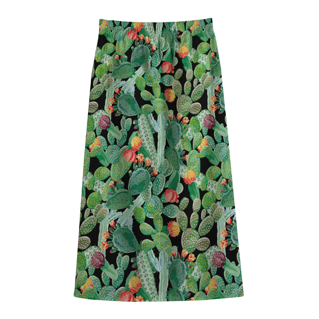 Watercolor Cactus Plant Print Cotton Front Slit Maxi Skirt
