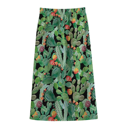 Watercolor Cactus Plant Print Cotton Front Slit Maxi Skirt