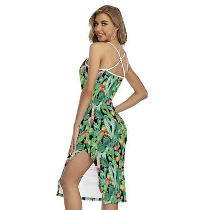 Watercolor Cactus Plant Print Cross Back Cami Dress