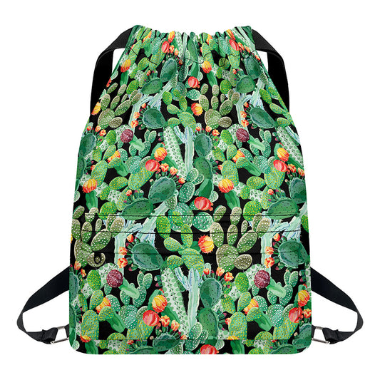 Watercolor Cactus Plant Print Drawstring Backpack