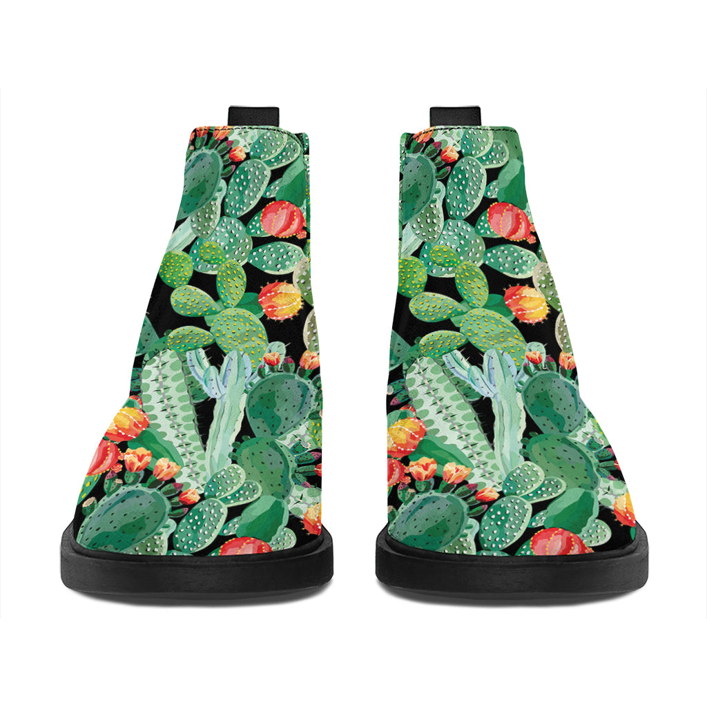 Watercolor Cactus Plant Print Flat Ankle Boots