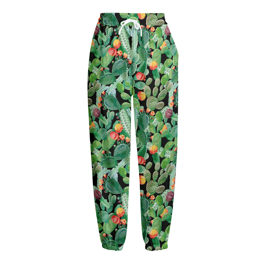 Watercolor Cactus Plant Print Fleece Lined Knit Pants