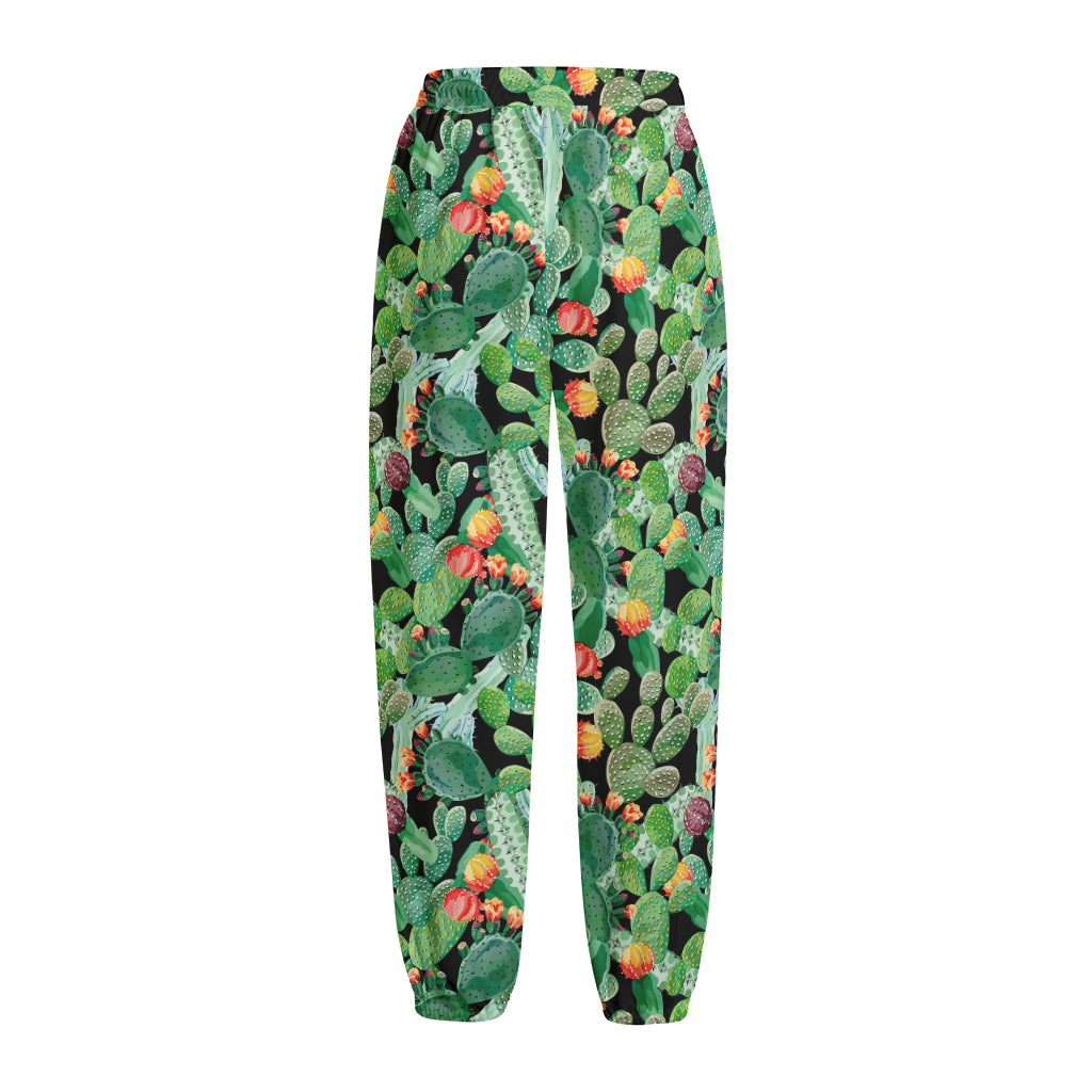 Watercolor Cactus Plant Print Fleece Lined Knit Pants
