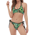 Watercolor Cactus Plant Print Halter Scoop Tie Side Bikini