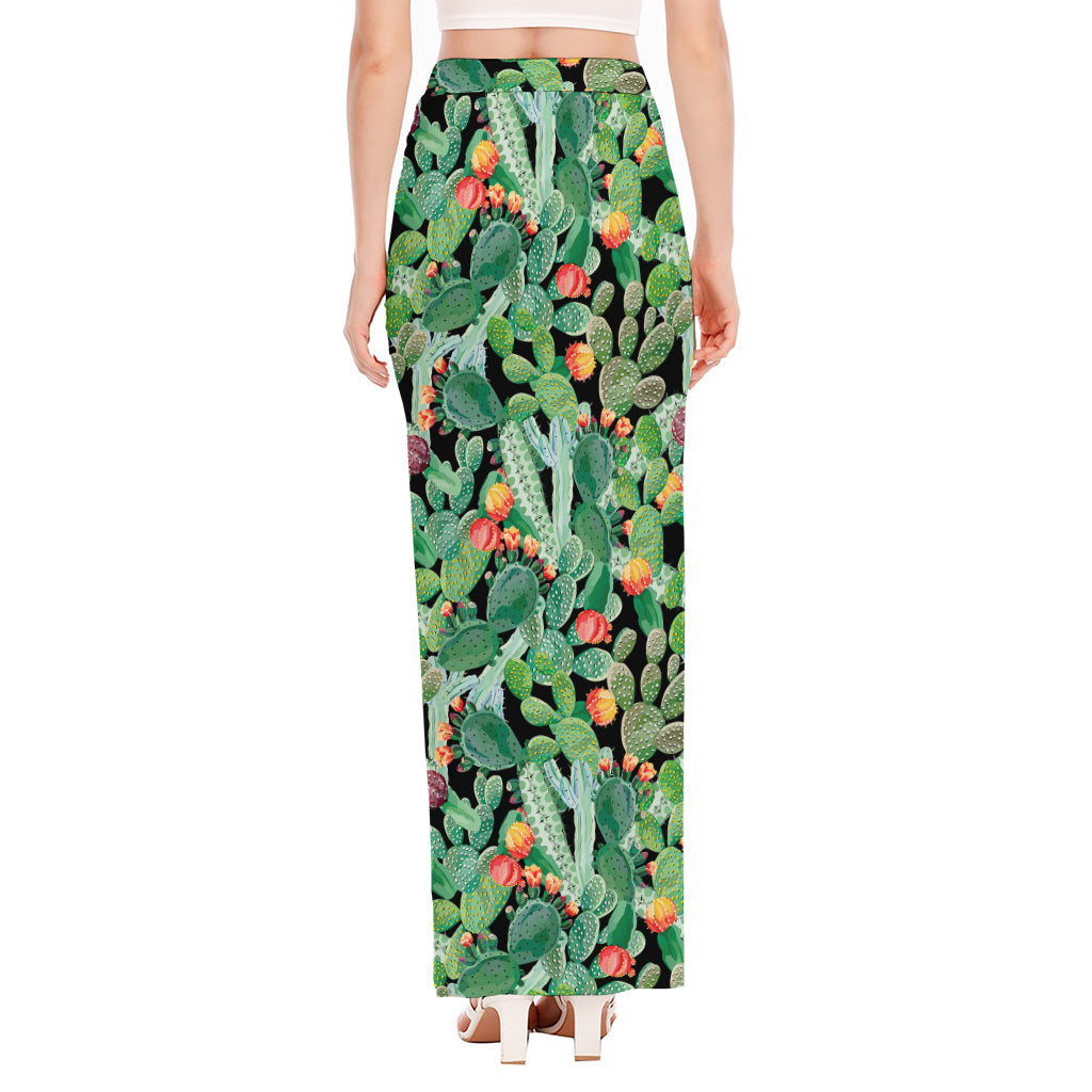 Watercolor Cactus Plant Print High Slit Maxi Skirt
