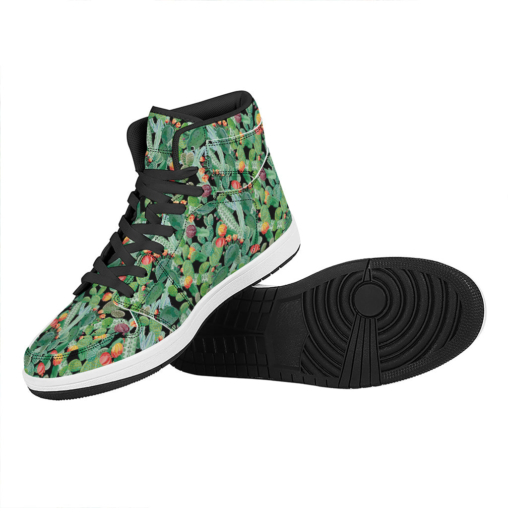 Watercolor Cactus Plant Print High Top Leather Sneakers
