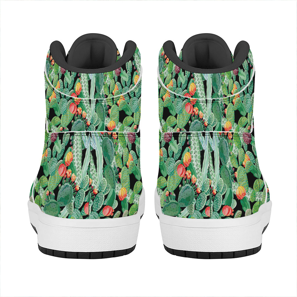 Watercolor Cactus Plant Print High Top Leather Sneakers