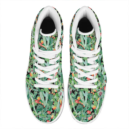 Watercolor Cactus Plant Print High Top Leather Sneakers