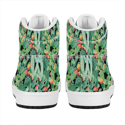 Watercolor Cactus Plant Print High Top Leather Sneakers