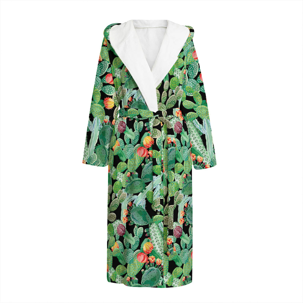 Watercolor Cactus Plant Print Hooded Bathrobe