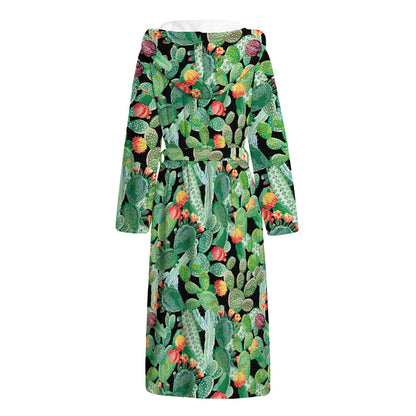 Watercolor Cactus Plant Print Hooded Bathrobe