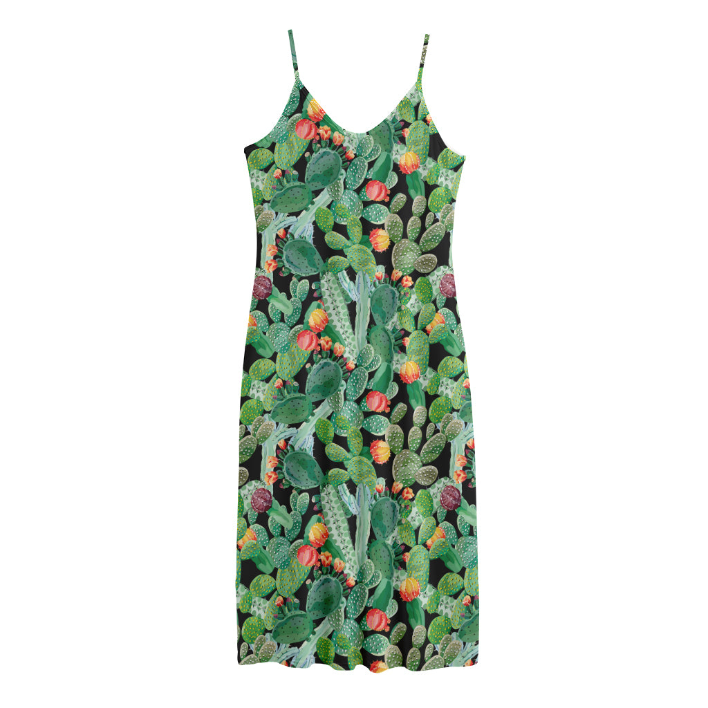 Watercolor Cactus Plant Print Jersey Midi Cami Dress