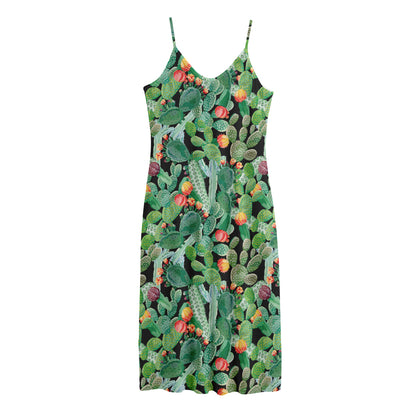 Watercolor Cactus Plant Print Jersey Midi Cami Dress