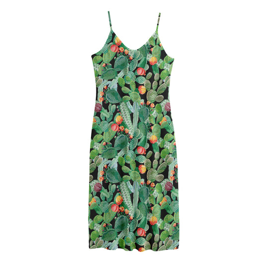 Watercolor Cactus Plant Print Jersey Midi Cami Dress