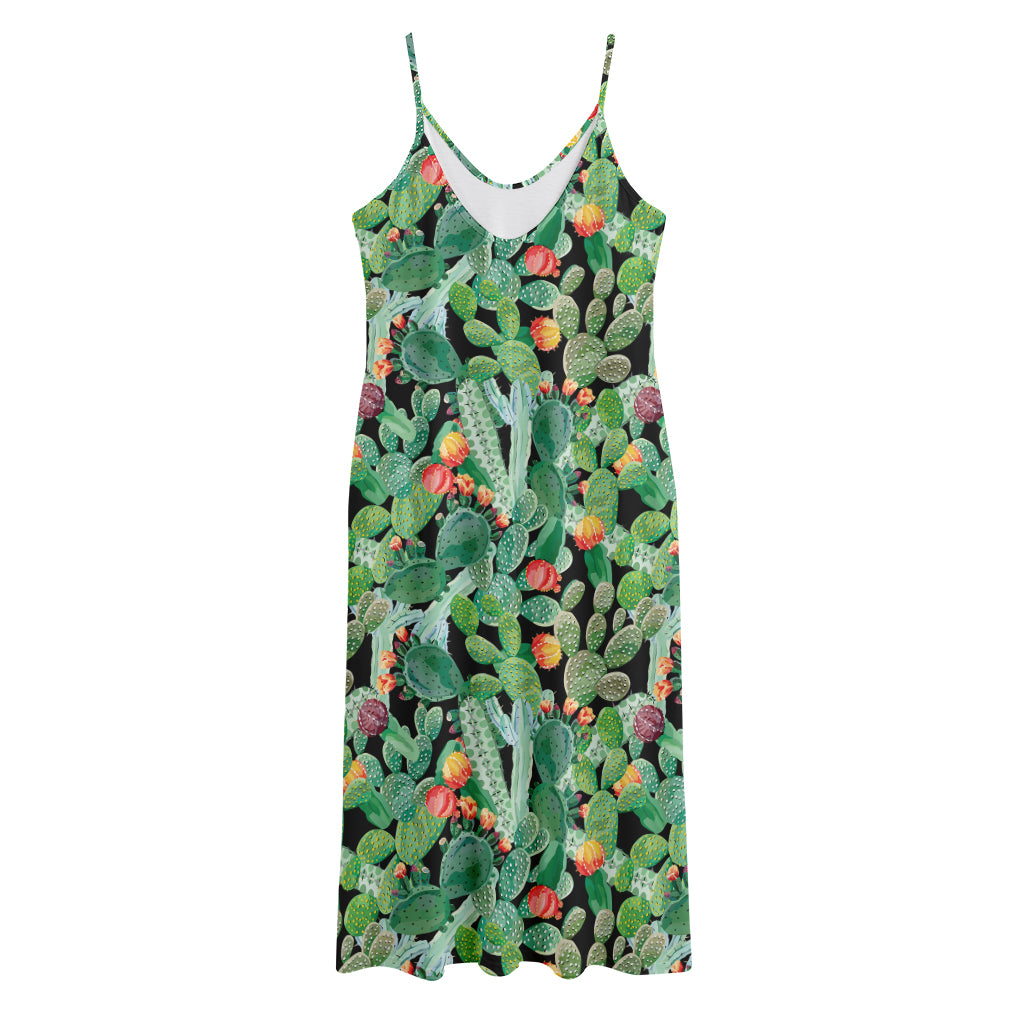 Watercolor Cactus Plant Print Jersey Midi Cami Dress
