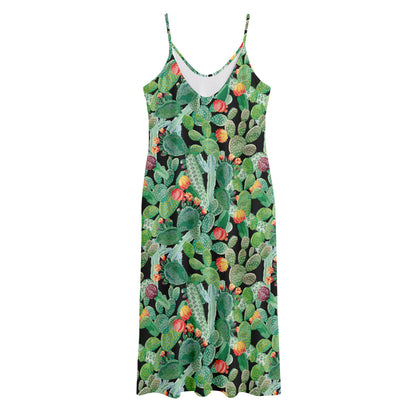 Watercolor Cactus Plant Print Jersey Midi Cami Dress