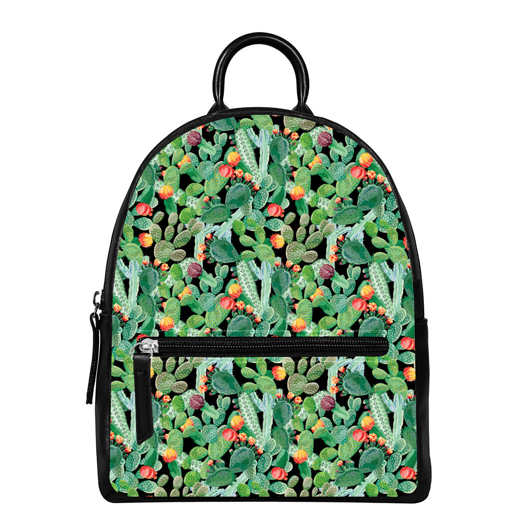 Watercolor Cactus Plant Print Leather Backpack