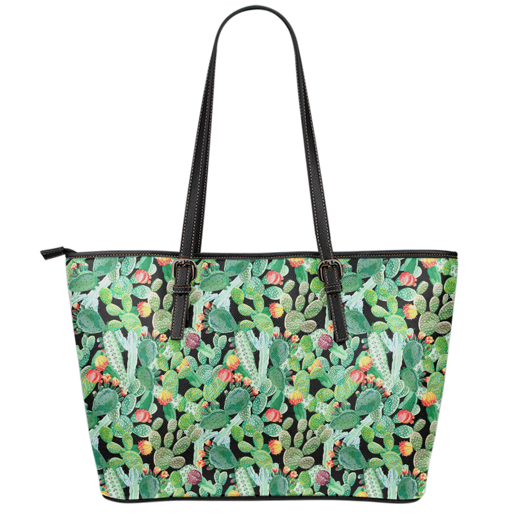 Watercolor Cactus Plant Print Leather Tote Bag
