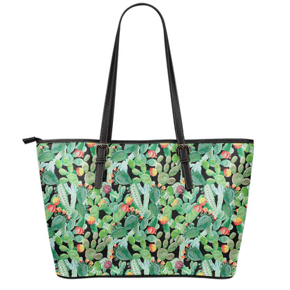 Watercolor Cactus Plant Print Leather Tote Bag