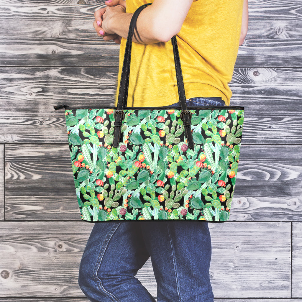 Watercolor Cactus Plant Print Leather Tote Bag