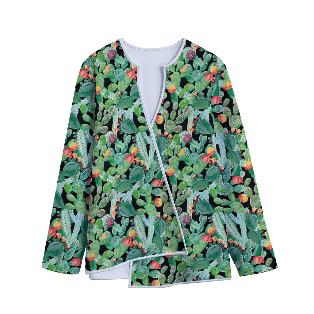 Watercolor Cactus Plant Print Long Sleeve Short Coat