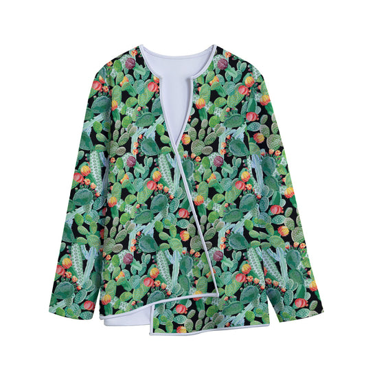 Watercolor Cactus Plant Print Long Sleeve Short Coat