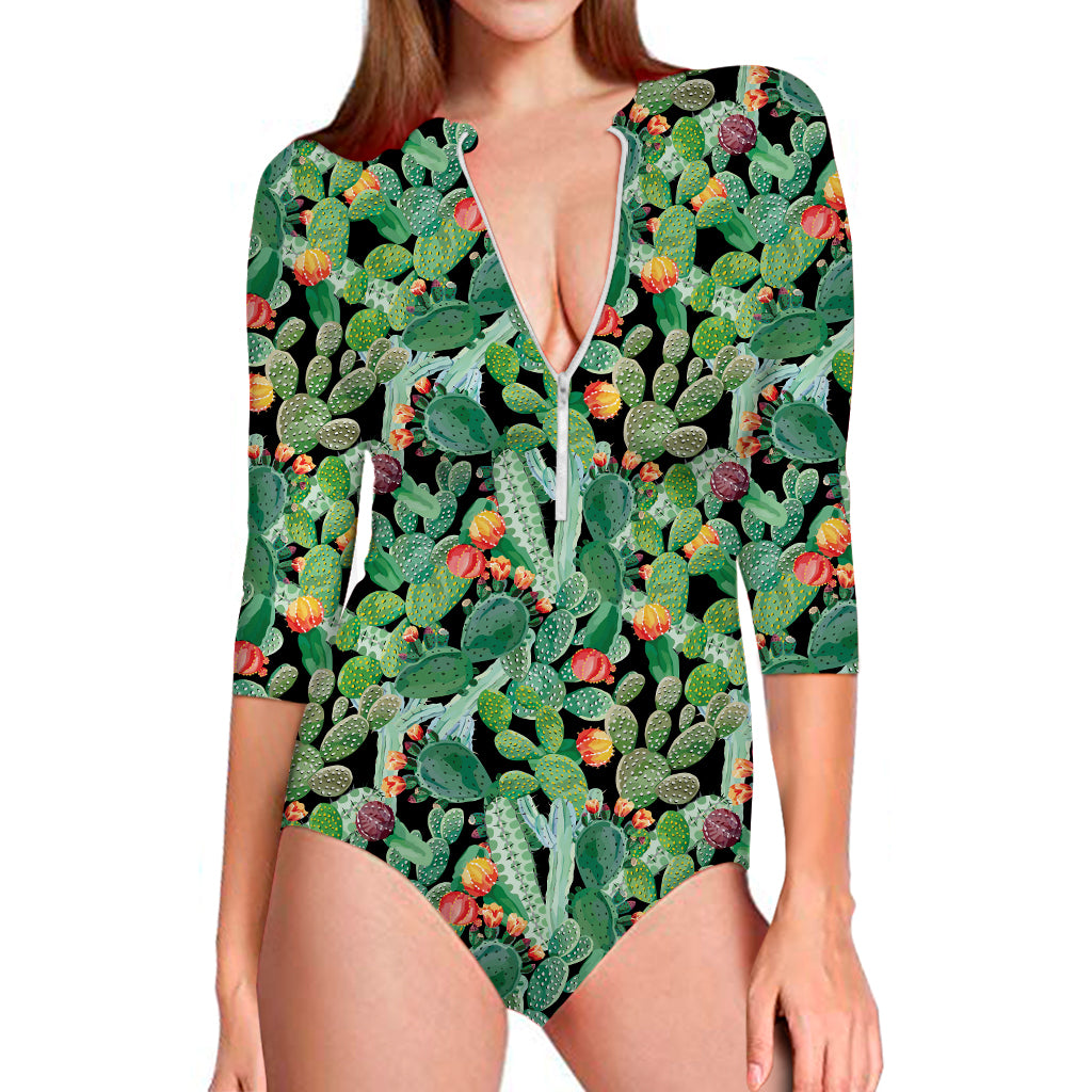 Watercolor Cactus Plant Print Long Sleeve Swimsuit