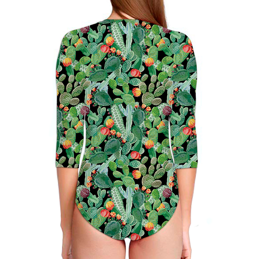 Watercolor Cactus Plant Print Long Sleeve Swimsuit