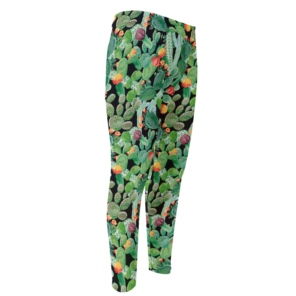 Watercolor Cactus Plant Print Men's Compression Pants